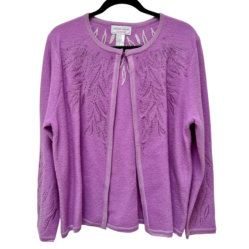 Victor Costa Occasion VTG 80s Wool Cardigan Purple Embellished M Designer Beads